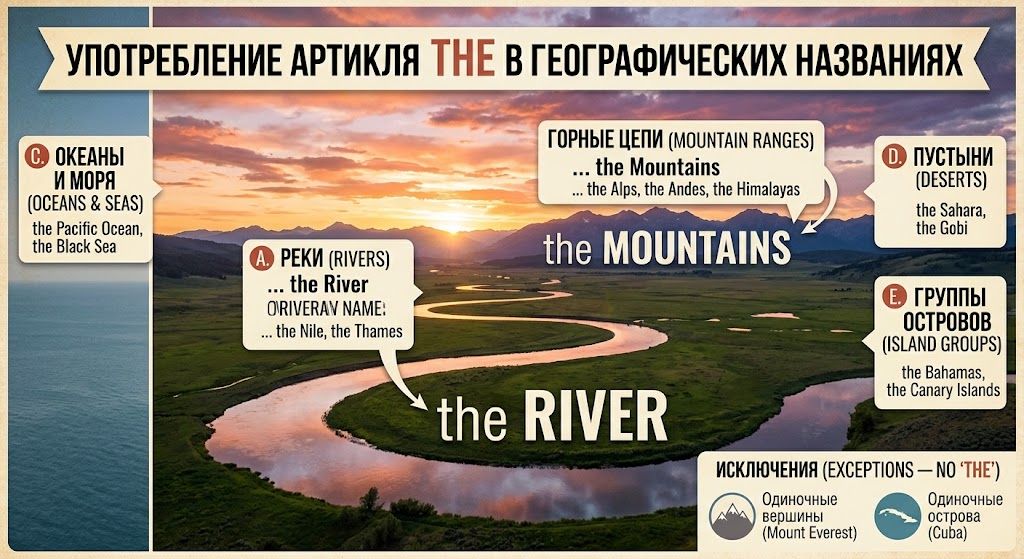 Географические объекты и правила употребления артиклей в английском языке Извилистая река и горная цепь на закате, иллюстрирующие артикль the в географических названиях