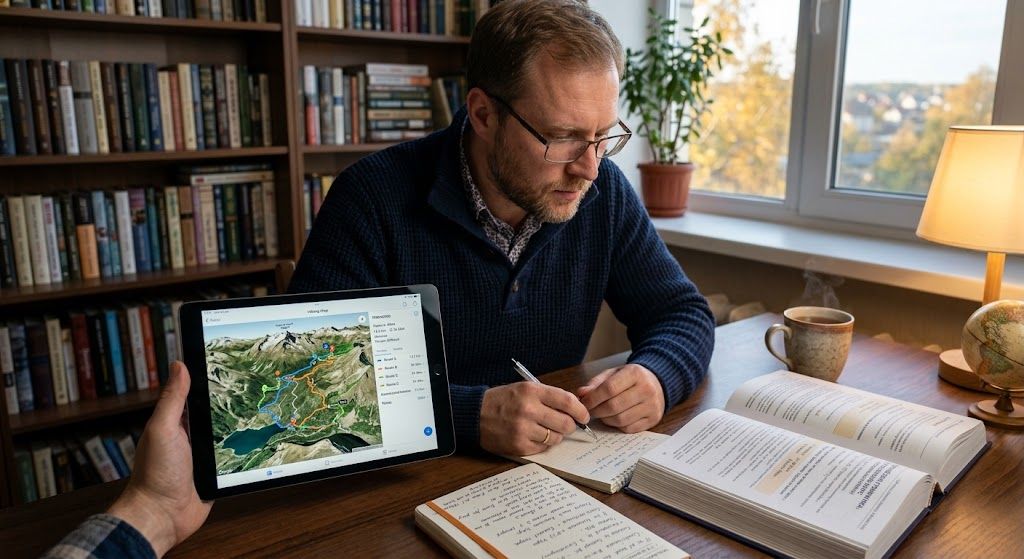 Анализ типичных ошибок и смысловых различий при выборе английского артикля Мужчина изучает варианты путей на планшете рядом с учебником грамматики, анализируя сложные случаи